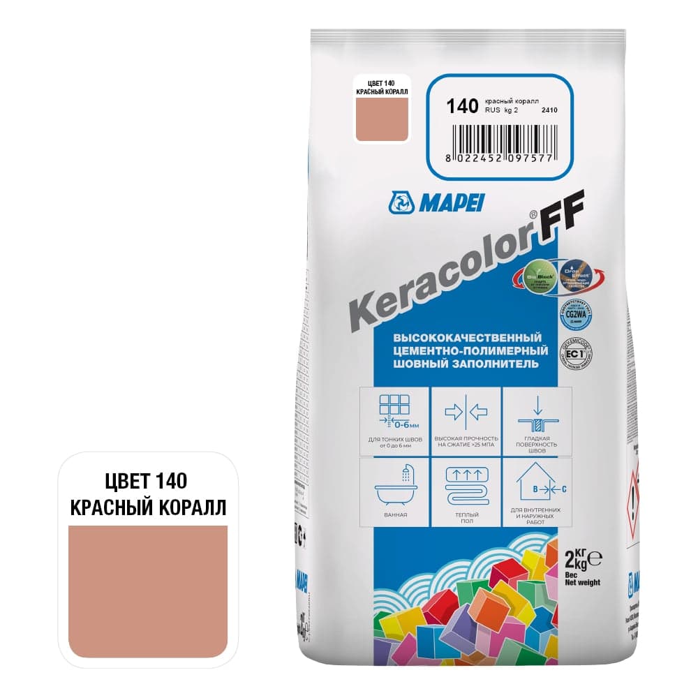 Затирка MAPEI KERACOLOR FF № 140, 2 кг, красный коралл 5QA014002A