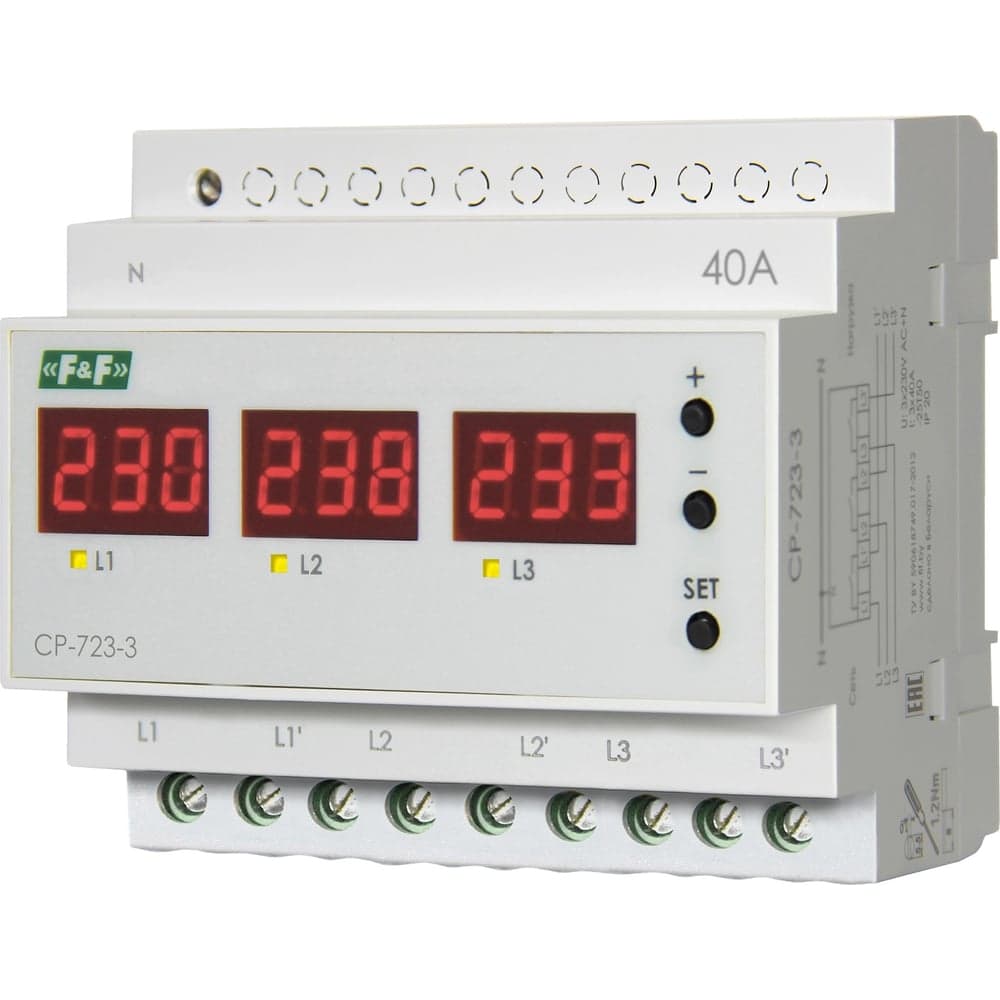 Трехфазное реле напряжения Евроавтоматика F&F cp-723-3 40А цифровая индикация EA04.009.022