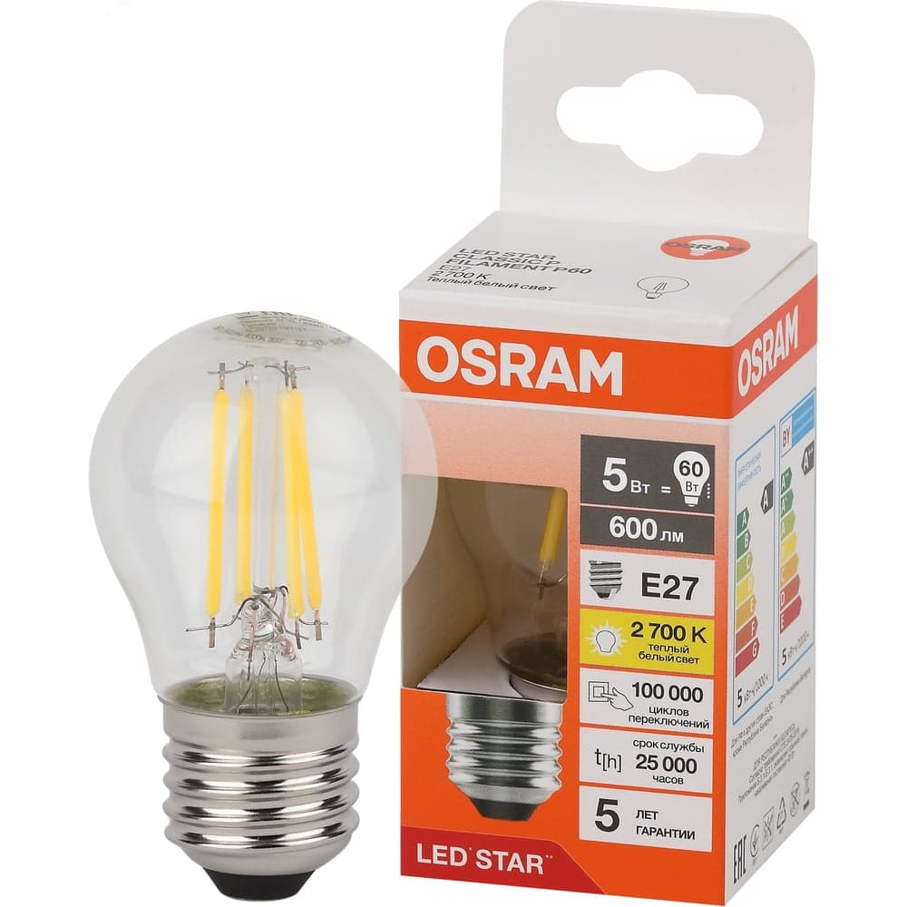 Филаментная светодиодная лампа Osram LS CLP60 5W/827 230V FIL CL E27 10x1 4058075684669