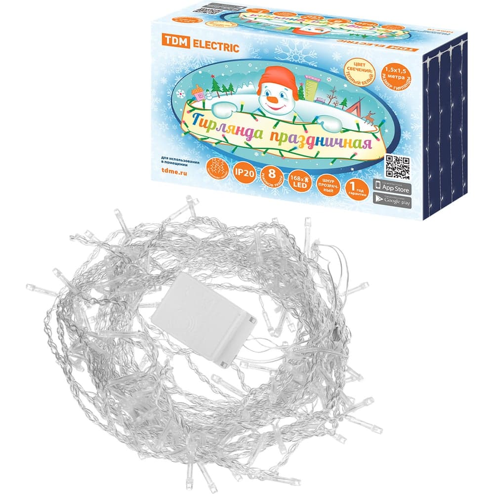 Светодиодная гирлянда TDM ELECTRIC "Занавес" 1,5x1,5 м, 168LED, белый тёплый, 8 режимов, 250 В, IP20, SQ0361-0068