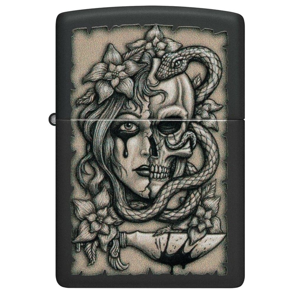 Зажигалка Zippo Gory Tattoo с покрытием Black Matte, латунь/сталь, черная, матовая, 38x13x57 мм 48616