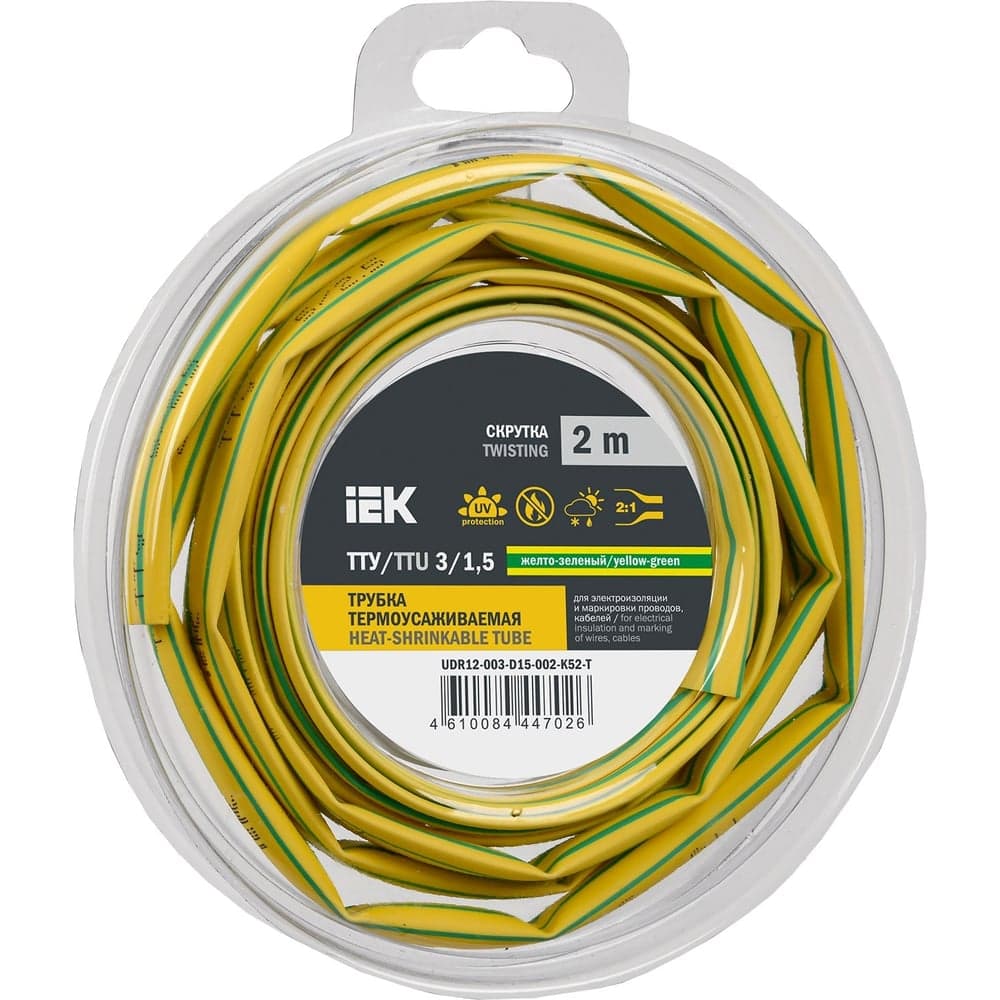Термоусадочная трубка IEK ТТУ нг-ls 3/1,5 желто-зеленая (2м/упак) UDR12-003-D15-002-K52-T