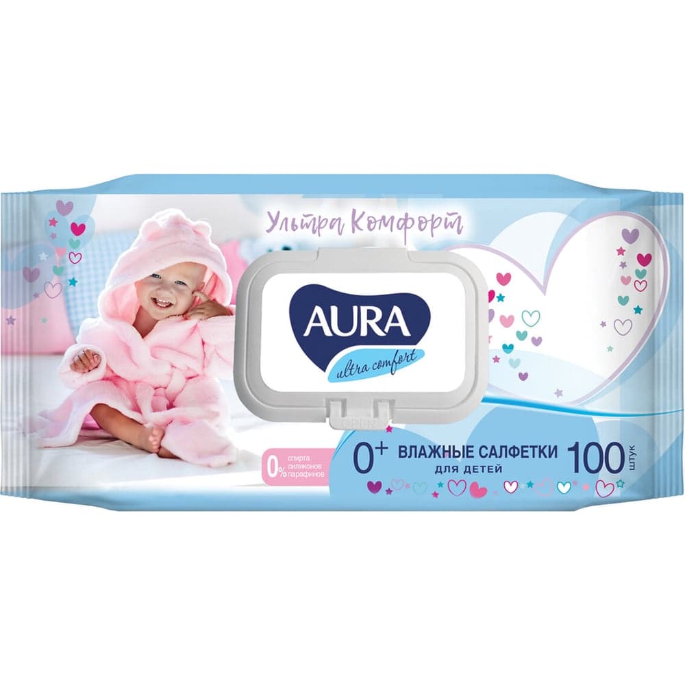 Влажные салфетки AURA Ultra comfort комплект 100 шт., для детей, гипоаллергенные, без спирта 127500