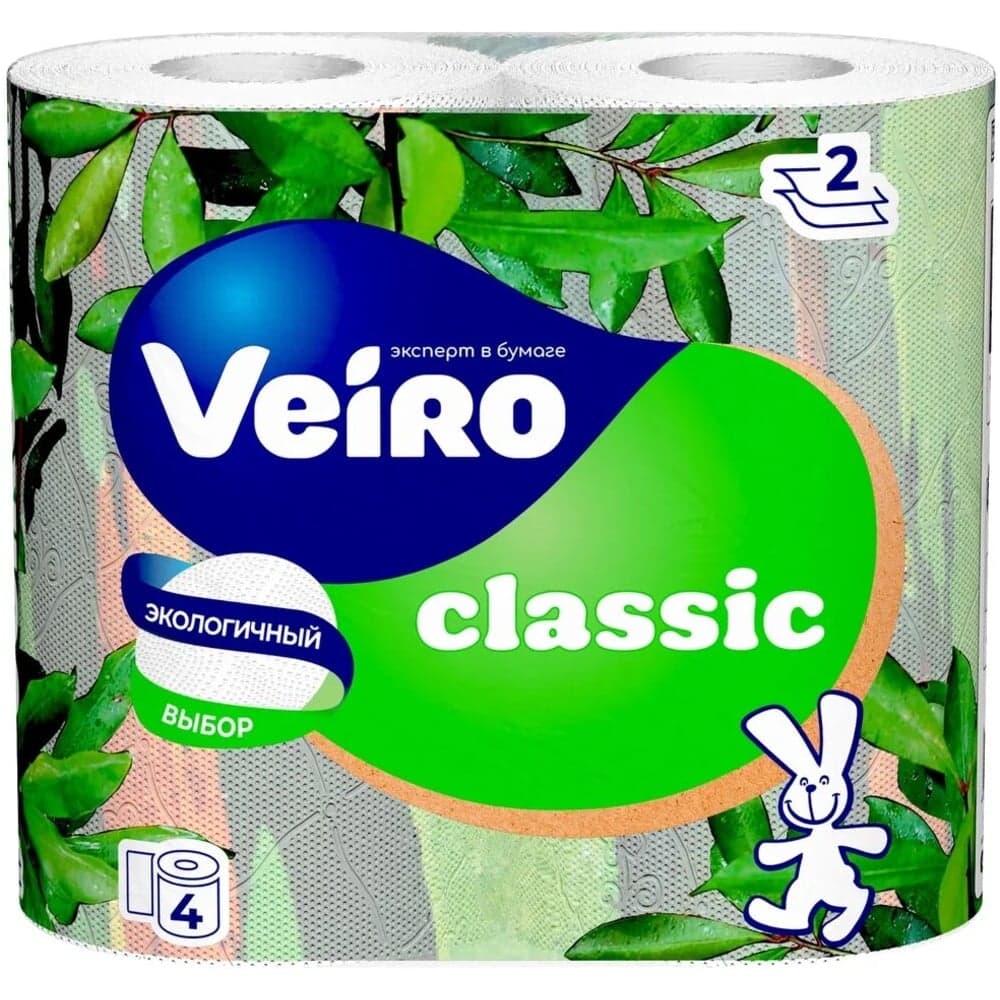 Бумага туалетная бытовая VEIRO Classic спайка 4 шт, 2-х слойная, белая 5с24 123208