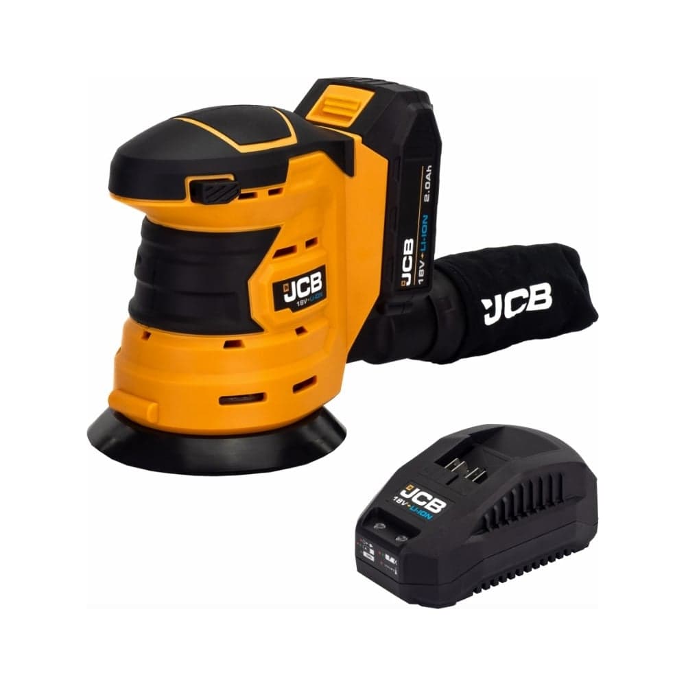 Шлифовальная машина JCB орбит. аккум (18OS-B-E) 18V, 0-10 000об/мин, диаметр диска 125 мм в к-те с зарядным у-вом (-18VFC-E)2.4A и батареей аккум.(-20LI-E)2.0AH JCB-18OS-2XB-E(57232)