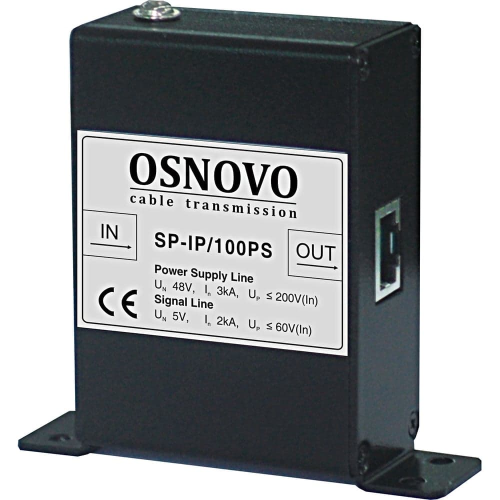 Устройство грозозащиты для локальной вычислительной сети OSNOVO SP-IP/100PS (скорость до 100Мбит/с) с защитой линий PoE (af/at, метод B, контакты 4/5, 7/8), двухступенчатая защита sct1009