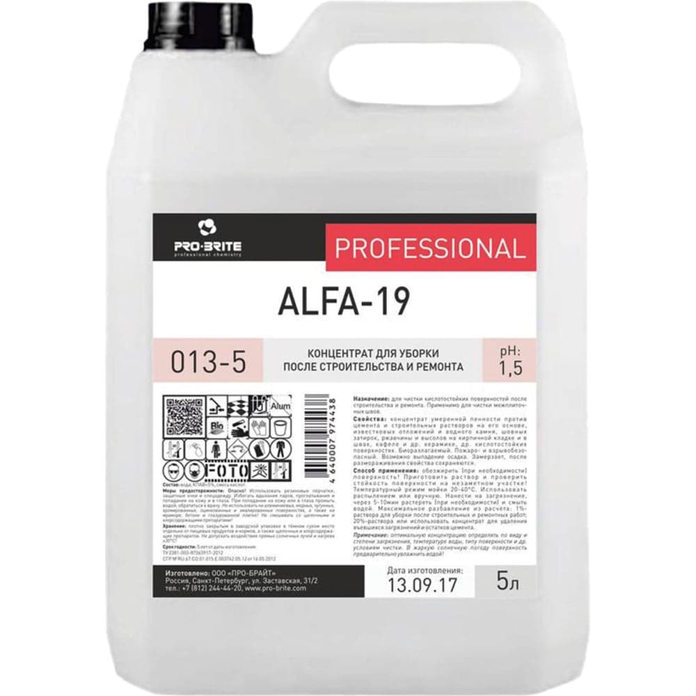 Средство для уборки после строительства PRO-BRITE 5л ALFA-19 кислотное концентрат 013-5 605263