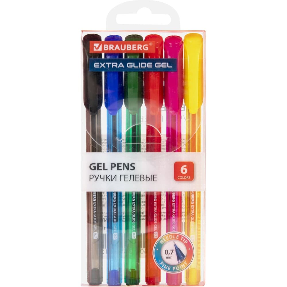 Гелевые ручки BRAUBERG extra glide gel 6 цветов, трехгранные, игольчатый наконечник 0.7 мм, линия 0.5 мм 144078