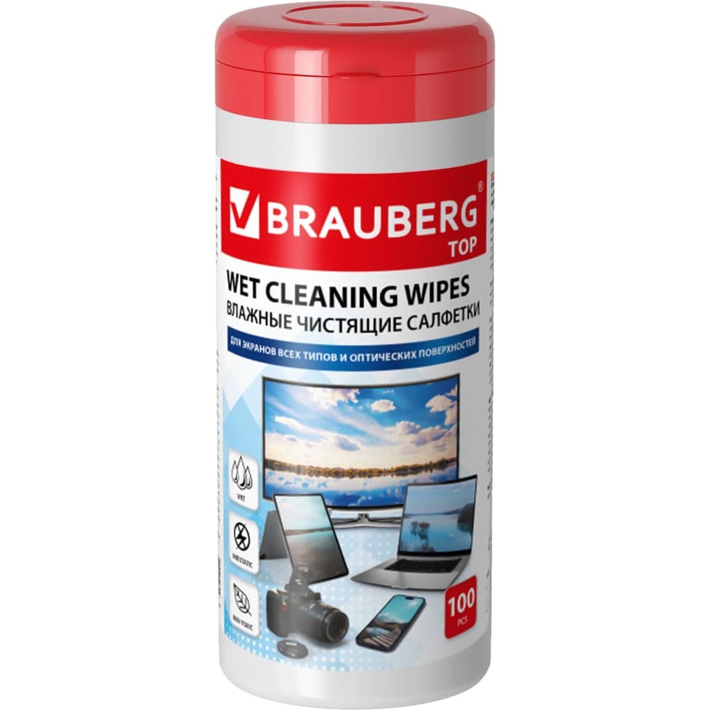Салфетки для экранов всех типов и оптики BRAUBERG топ 13x17 см, туба 100 шт., влажные 513812