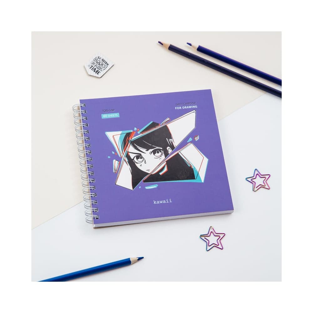 Скетчбук MESHU 60 листов, 150х150 мм, Kawaii, на гребне, выборочный лак, soft-touch MS_44869