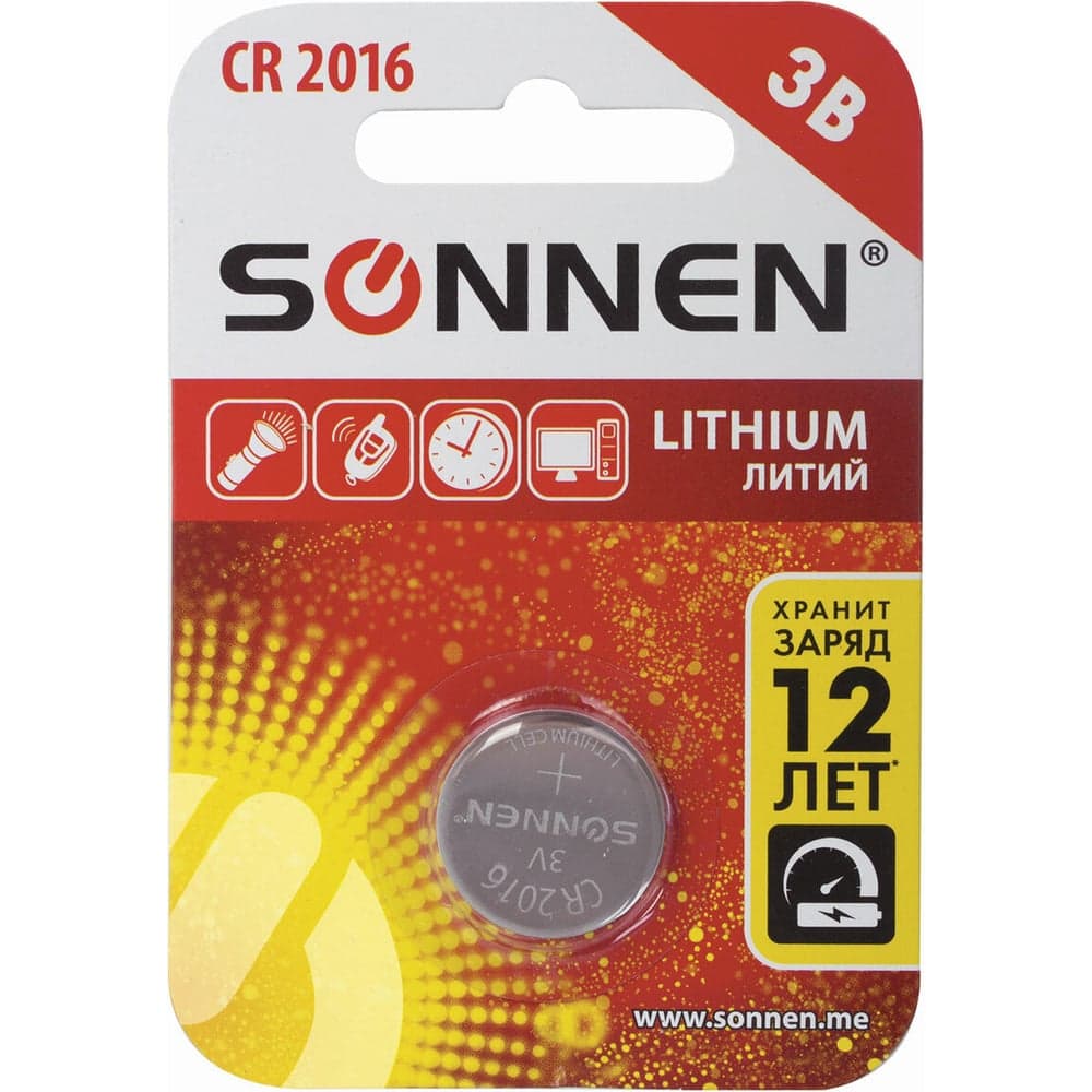 Батарейка SONNEN Lithium, CR2016, 1 шт., в блистере, 451972