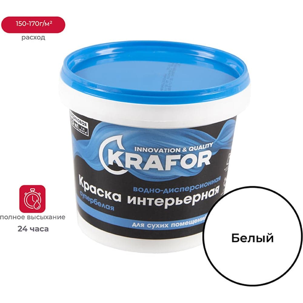 Интерьерная краска Krafor Супербелая в/д 1.5 кг 42169