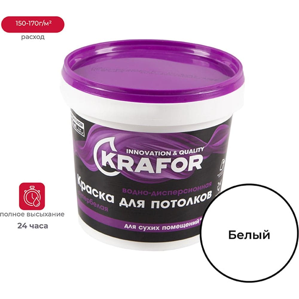 Краска для потолков Krafor Супербелая в/д 1.5 кг 42168