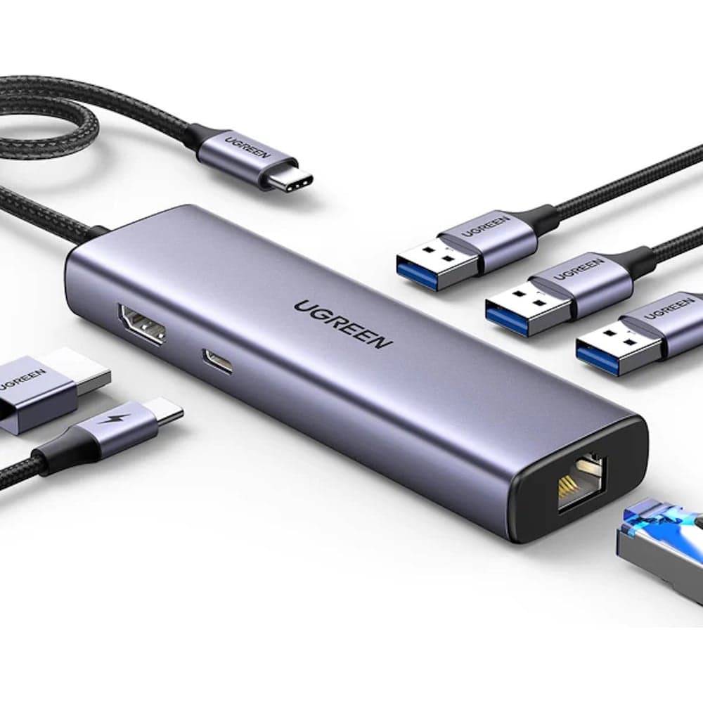USB концентратор (хаб) Ugreen USB-C To 3хUSB 3.0 A+HDMI+RJ45+PD Converter, цвет серый 15598