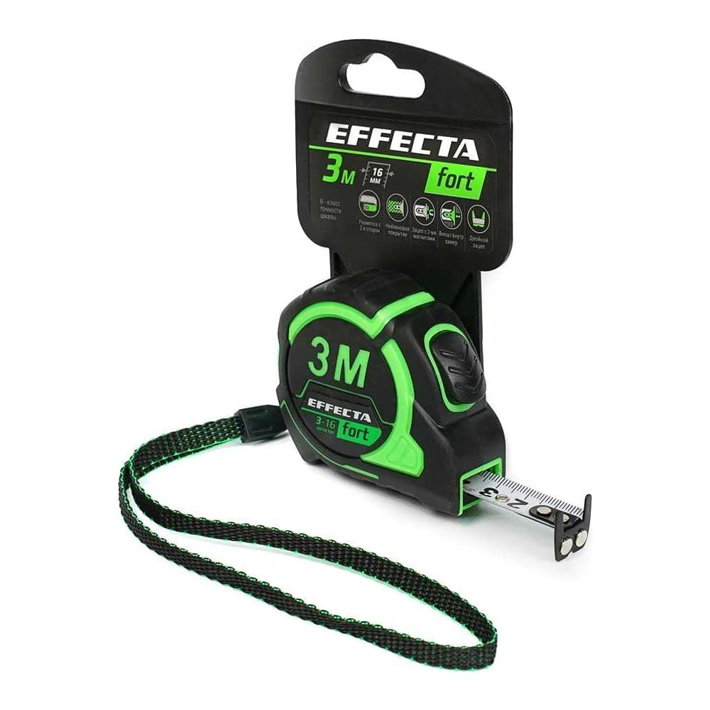 Рулетка EFFECTA Fort 3 м, 16 мм, магнит, автостоп, нейлоновая лента с 2-сторонней шкалой 581316