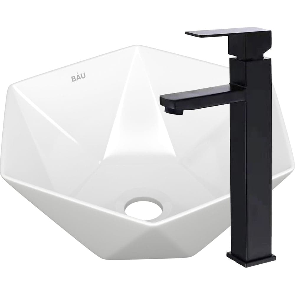 Раковина накладная на столешницу со смесителем Bauedge BAU Crystal (40x40, белая + смеситель высокий Hotel Black, черный) BH1190