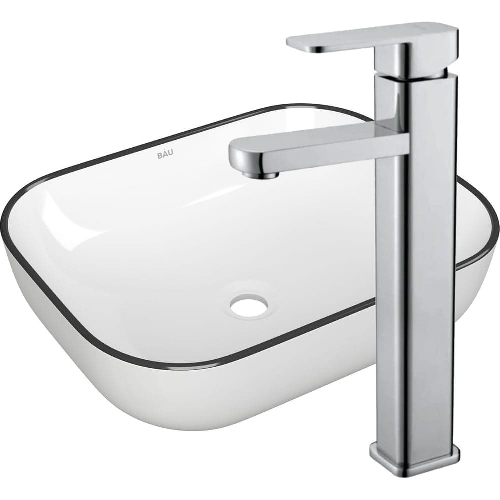 Раковина накладная прямоугольная со смесителем Bauedge BAU Stil (50x40, белая, черный кант + смеситель Hotel Still, нержавеющая сталь) BH1129