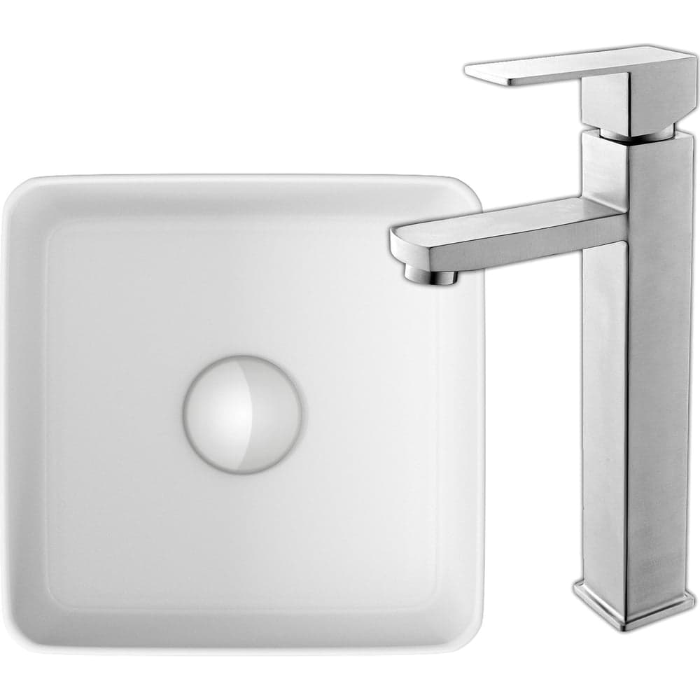 Раковина накладная со смесителем Bauedge BAU Mini (квадратная 24x24 белая + смеситель для раковины высокий Hotel Still, нержавеющая сталь) BH1065