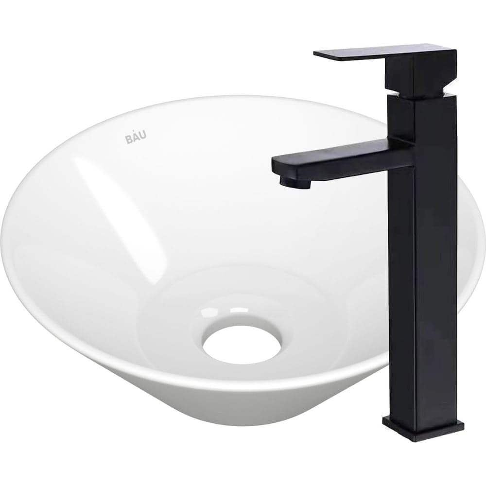 Раковина накладная со смесителем Bauedge BAU Dream (D43, белая + смеситель высокий Hotel Black, черный) BH1150