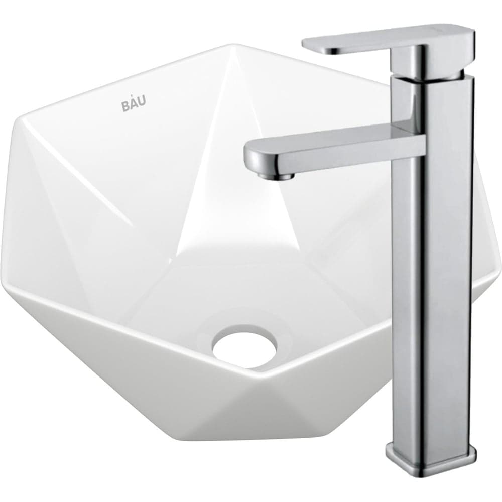 Раковина накладная на столешницу со смесителем Bauedge BAU Crystal (40x40, белая + смеситель Hotel Still, нержавеющая сталь) BH1189