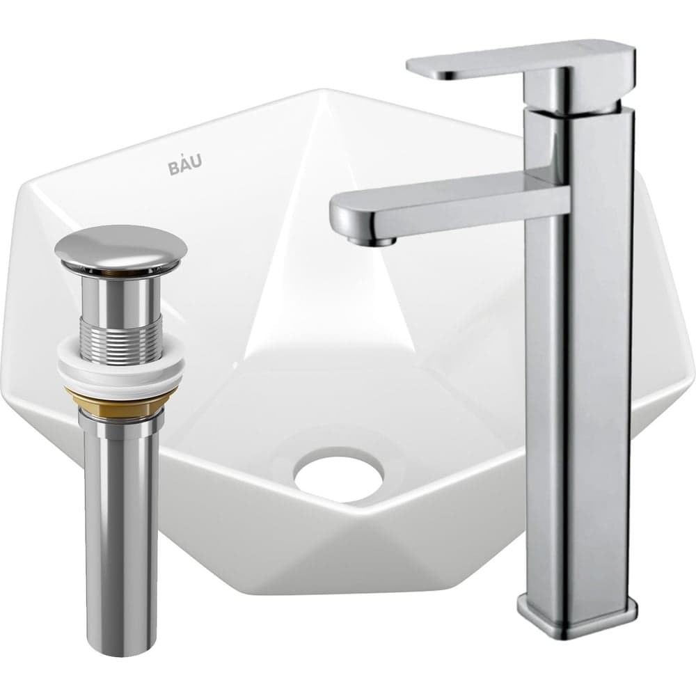 Раковина накладная на столешницу со смесителем и выпуском Bauedge BAU Crystal (40x40, белая + смеситель Hotel Still, нер. сталь, выпуск клик-клак хром) BH1195