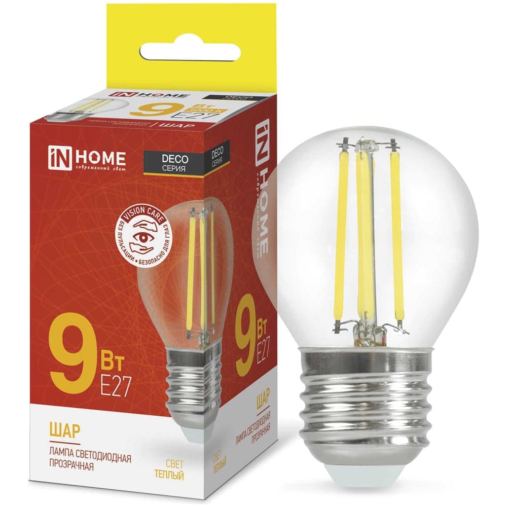 Светодиодная лампа IN HOME LED-ШАР-deco 9Вт 230В Е27 3000К 1040Лм прозрачная 4690612026268