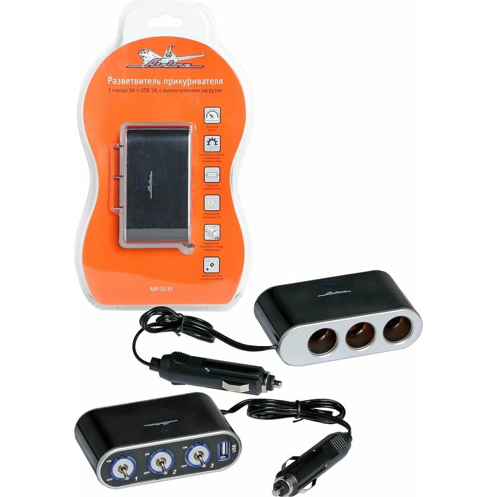 Прикуриватель-разветвитель 3 гнезда 5А + USB 1A, с выключателями нагрузки Airline ASP-3S-15