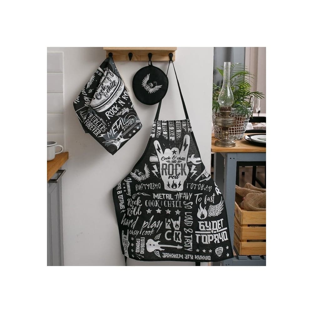 Кухонный набор Доляна 3 предмета Rock'n'roll фартук 60x70 см, прихватка 20x20 см, полотенце 35x60 см 4136461