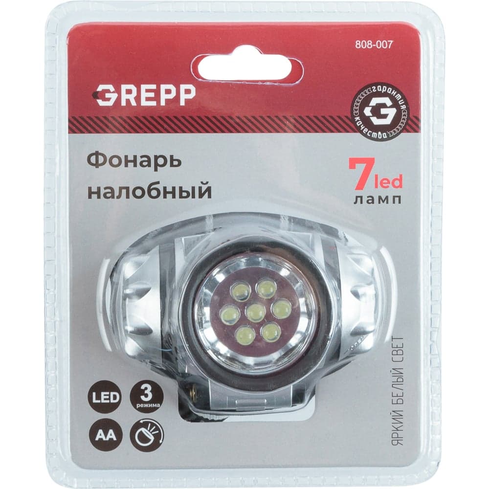 Налобный светодиодный фонарь GREPP 7LED, 3x1,5 v "AA", пластик 120 808-007