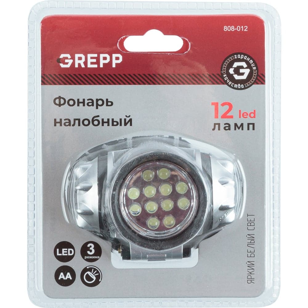 Налобный светодиодный фонарь GREPP 12LED, 3x1,5 v "AA", пластик 120 808-012