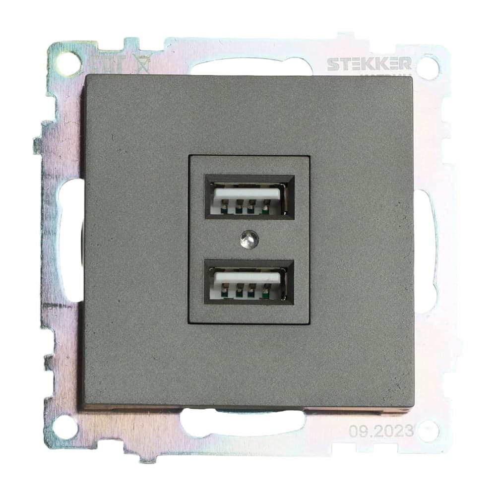 Розетка 2-местная usb (механизм) STEKKER 250в, 2,1а, серия катрин, графит, gls10-7115-06 , 49422
