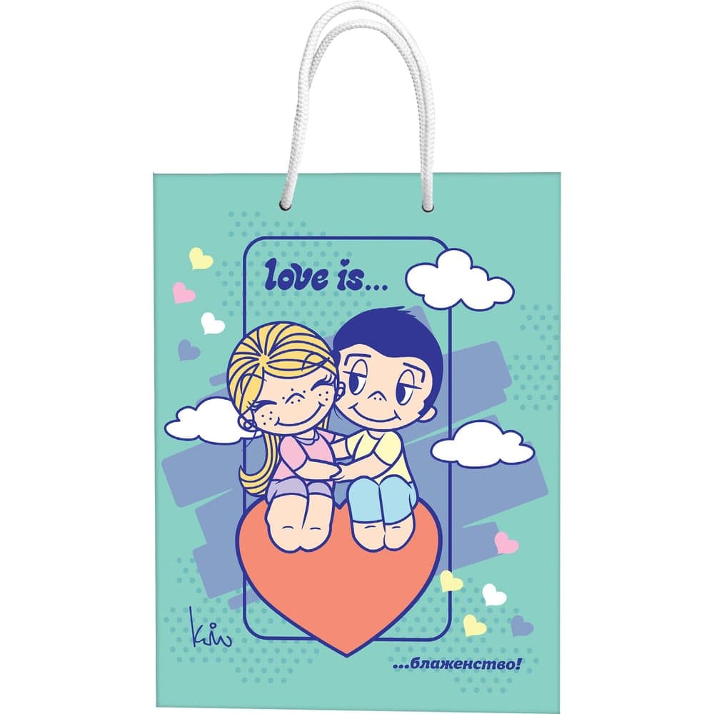 Пакет подарочный большой ND Play Love is, мятный с розовым, 220x310x100 мм 309713