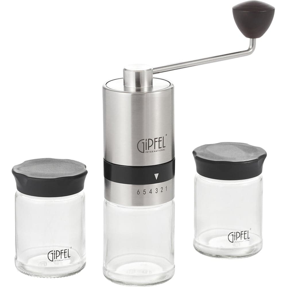 Кофемолка ручная GIPFEL ESSENCE со стальными жерновами, с двумя стеклянными баночками для хранения кофе в подарочной упаковке, стекло, пластик, нержавеющая сталь 18/10 51906