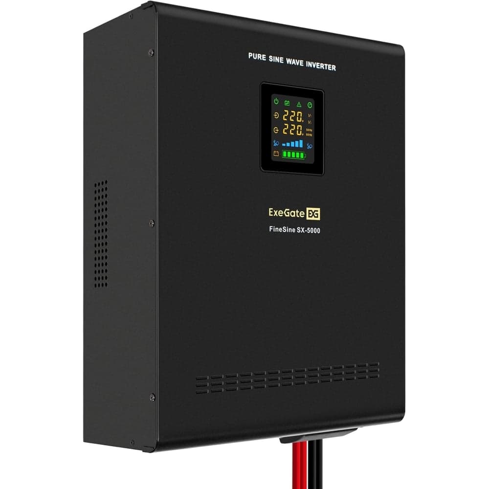 ИБП ExeGate инвертор синус для котла настенный FineSine SX-5000 LCD AVR 2SH T 5000VA/3500W чистая синусоида цветной LCD-дисплей AVR 2 Schuko клеммы линейно-интерактивный внешняя батарея 48В до 200Ач настенный Black 296004