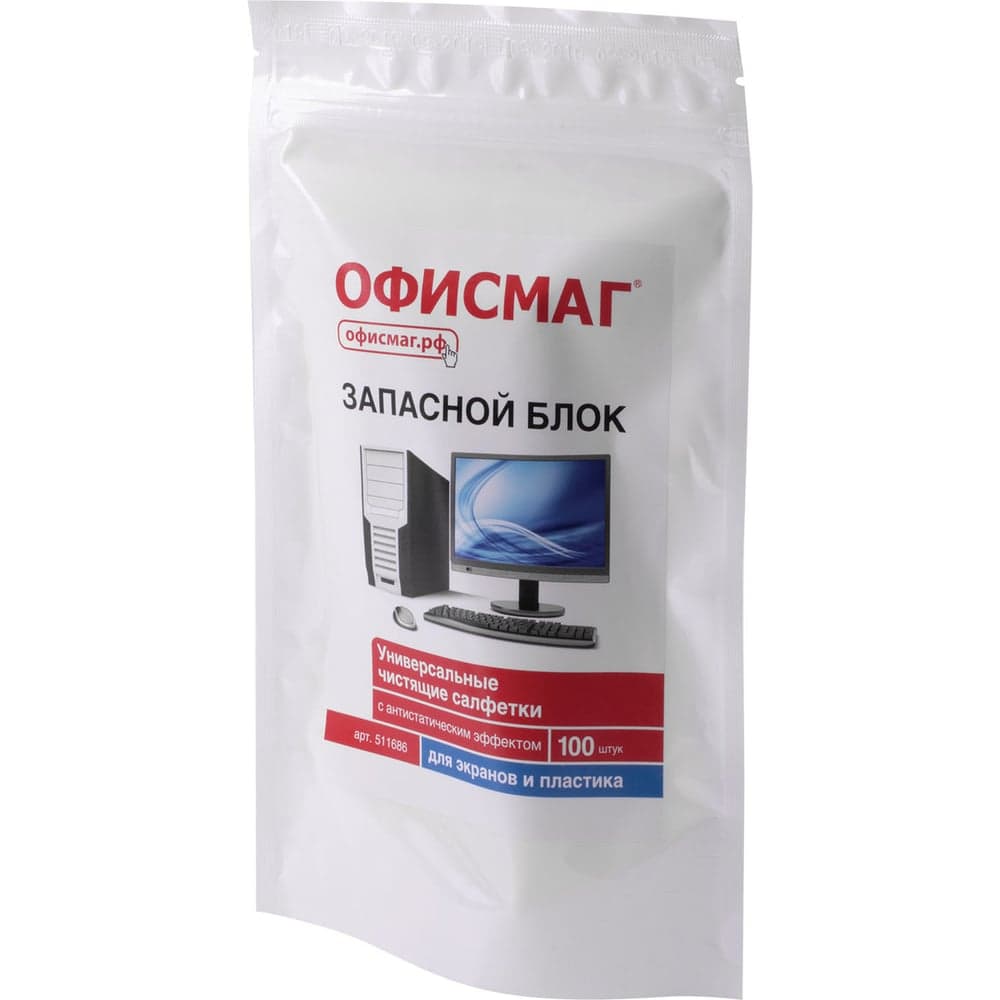 Салфетки для экранов всех типов и пластика ОФИСМАГ запасной блок, пакет 100 шт., влажные 511686