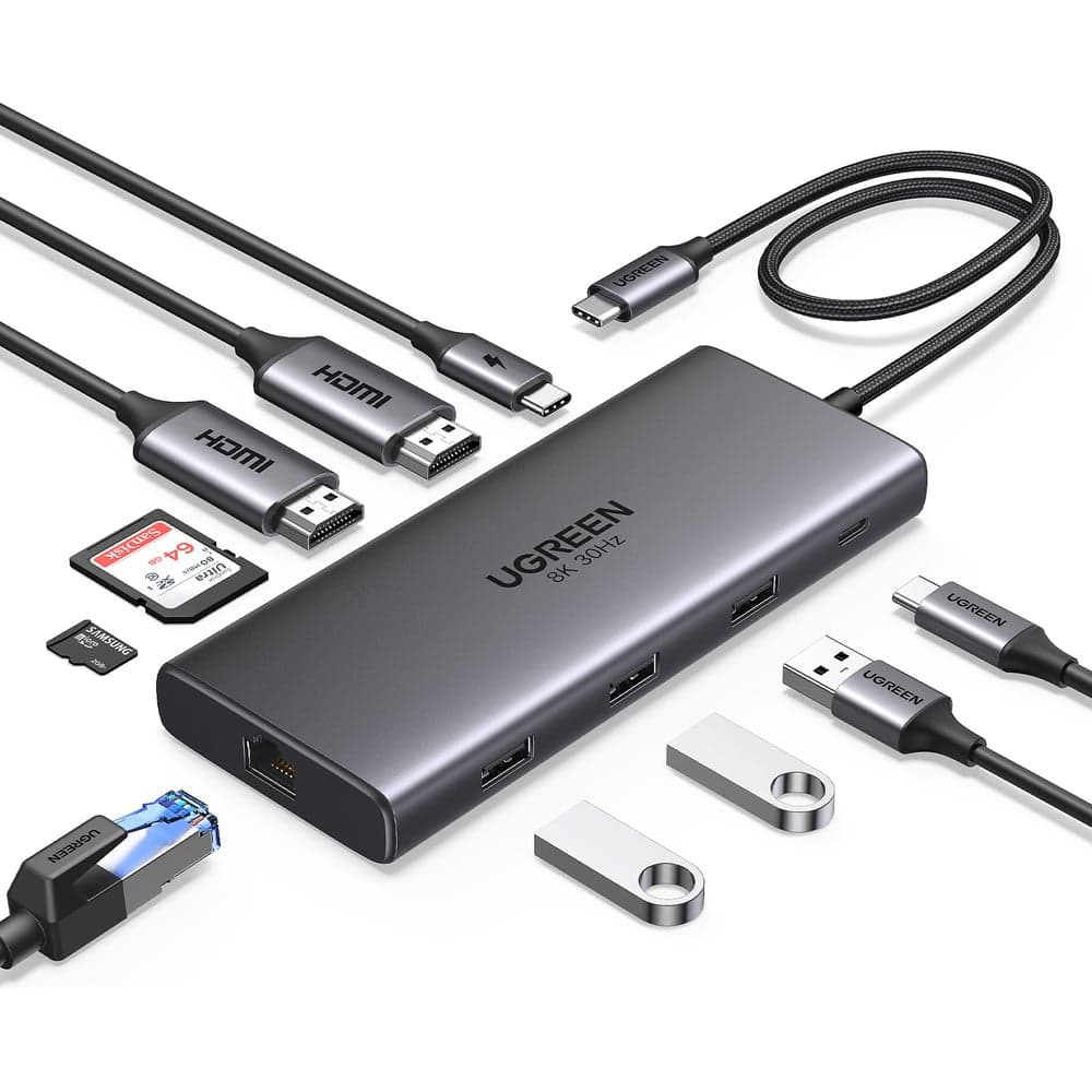 Конвертер Ugreen CM639 (15534) Revodok Pro 10-in-1 8K@30Hz USB-C to 1*USB3.0&2*USB2.0&USB-C3.0&2*HDMI&RJ45 Gigabit&SD&TF&PD. цвет: серый 15534_