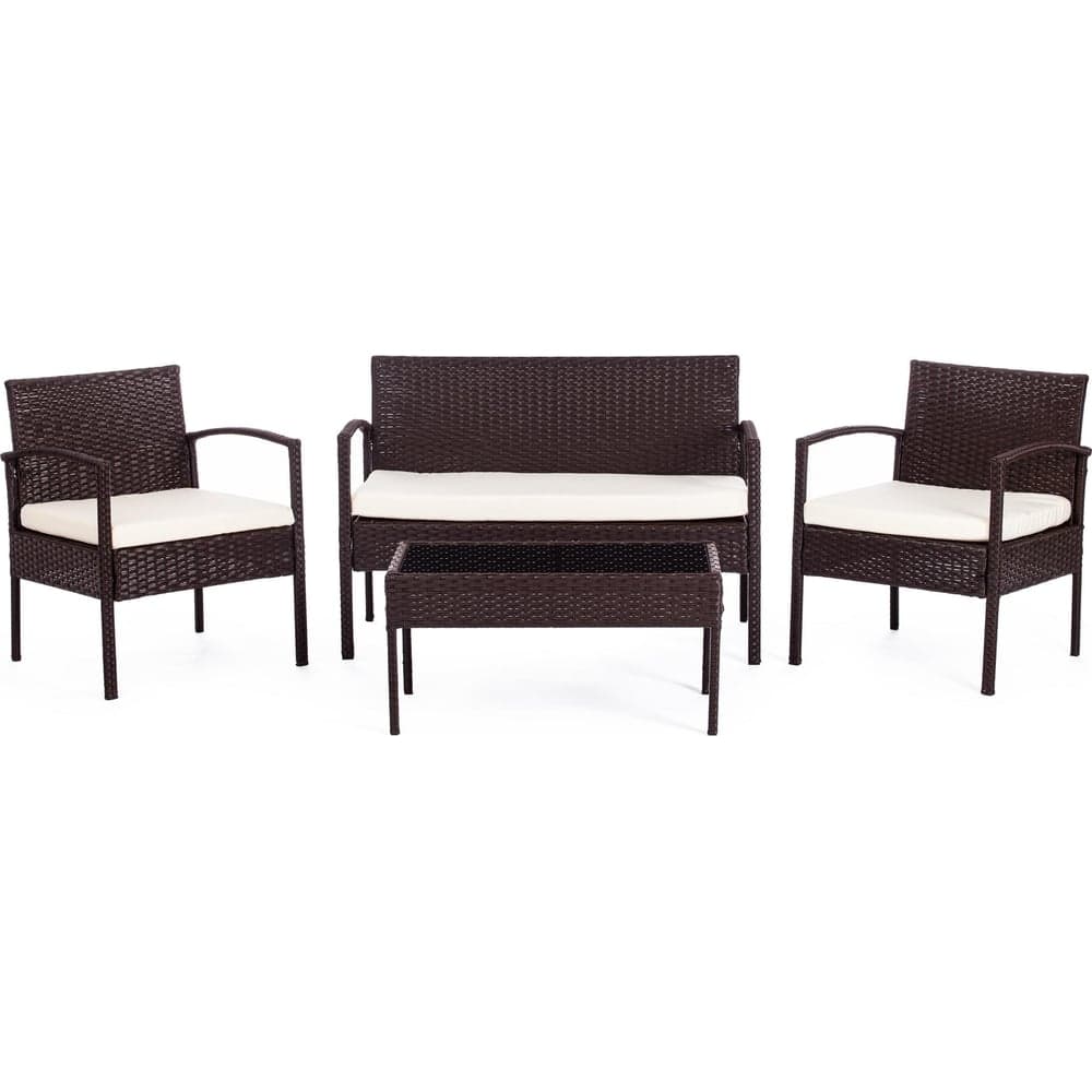 Лаундж сет (диван+2кресла+столик+подушки) Tetchair (mod. 210000) пластиковый ротанг, 106x60x71см/59x60x71см/75x41x38см, коричневый, ткань: DB-02 бежевый 11941
