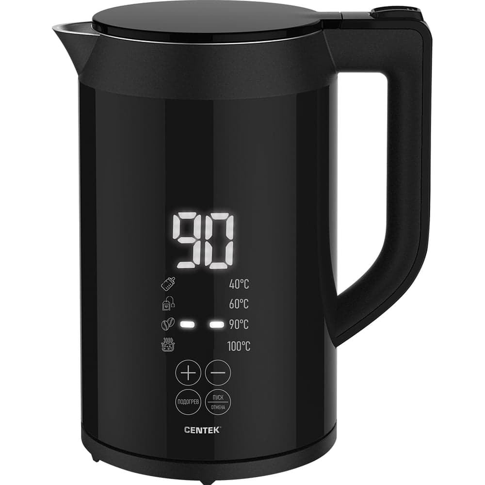 Чайник Centek черный, 1,7 л, 2200 Вт, 2 стенки, сталь без шва, LED-дисплей, t:40/60/90/100С Сенсор CT-1006