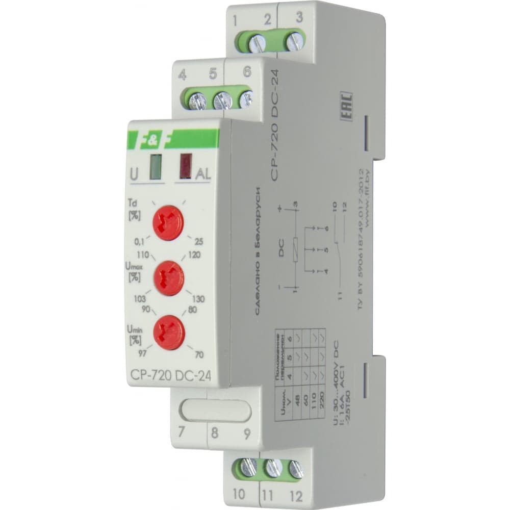 Реле напряжения Евроавтоматика F&F CP-720DC-24 контроль верхнего и нижнего напряжения постоянного тока, выбор напряжения контролируемой сети EA04.009.014