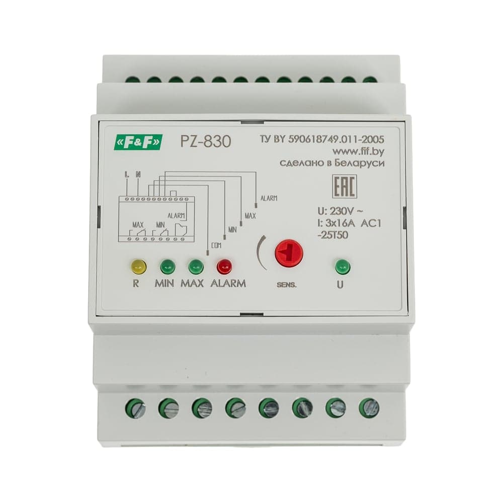 Трехуровневое реле уровня жидкости Евроавтоматика F&F PZ-830 (без датчиков) контроль аварийного уровня, 4 модуля, монтаж на DIN-рейке EA08.001.010
