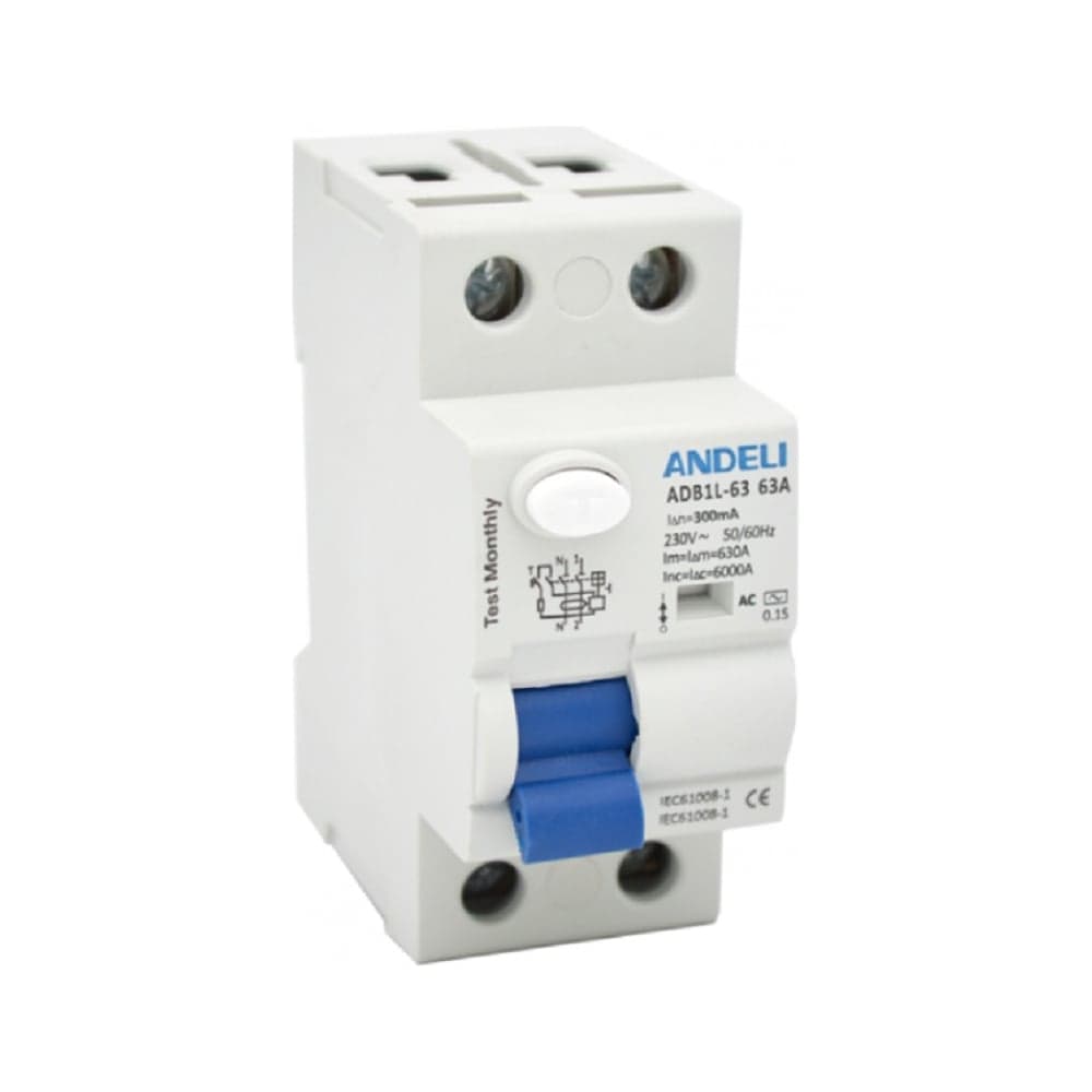 УЗО ANDELI ADB1L-63 2P 63A ток утечки 100mA тип AC 6kA ADL03-009