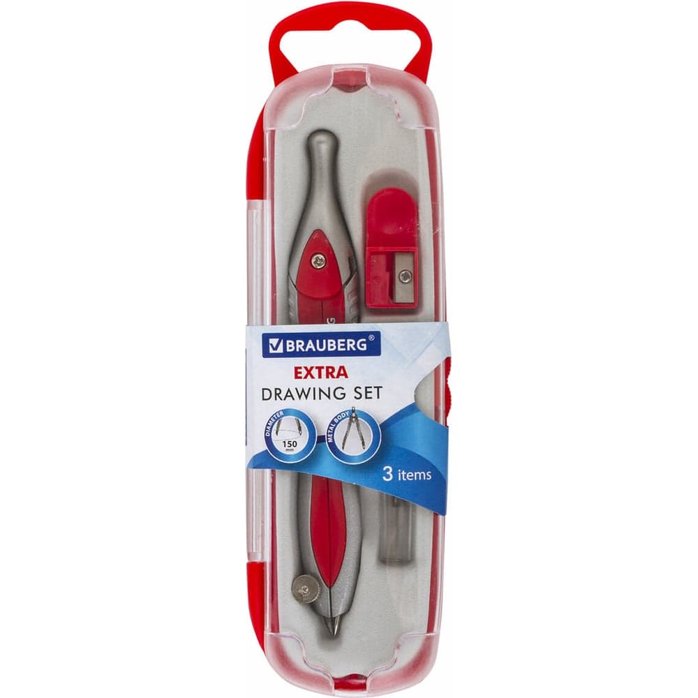 Готовальня SILVER RED, 3 предмета: циркуль 125 мм, точилка, грифель, пенал с подв, BRAUBERG 880810