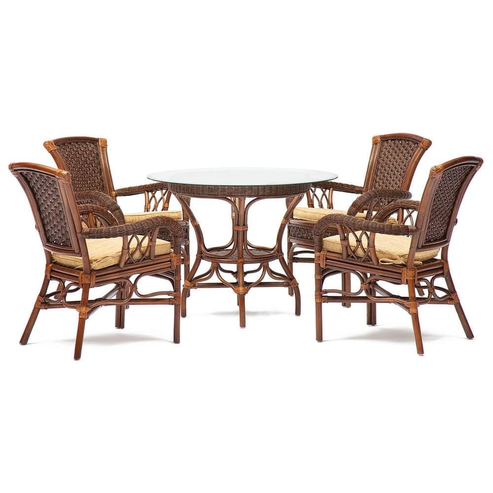 Комплект обеденный Tetchair "ANDREA" ( стол со стеклом + 4 кресла + подушки) Pecan Washed (античн. орех), Ткань рубчик, цвет кремовый 7832