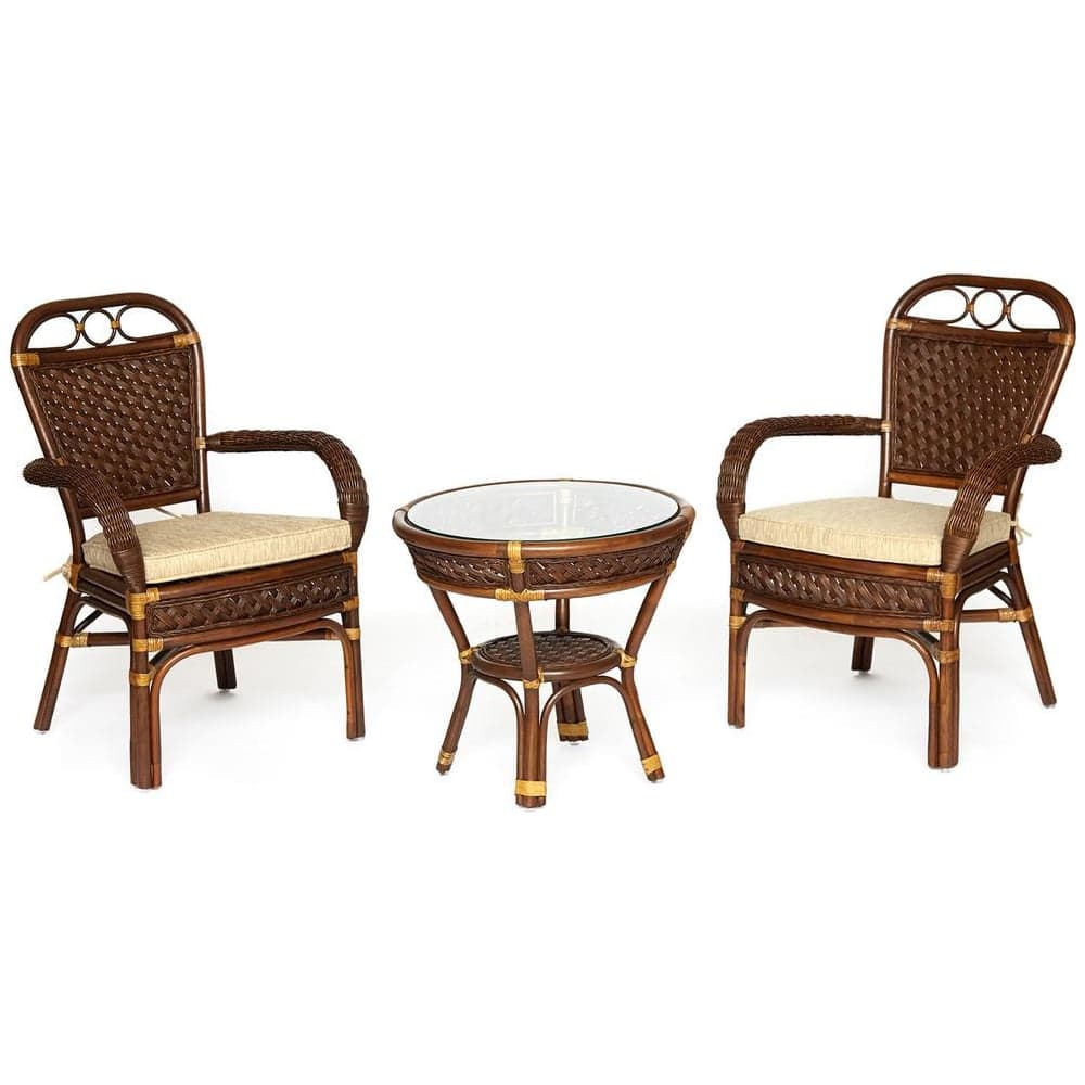 Комплект террасный Tetchair ANDREA (стол кофейный со стеклом + 2 кресла + подушки) ротанг, 64x67x92см / D60x55, Pecan Washed (античн. орех) 12994