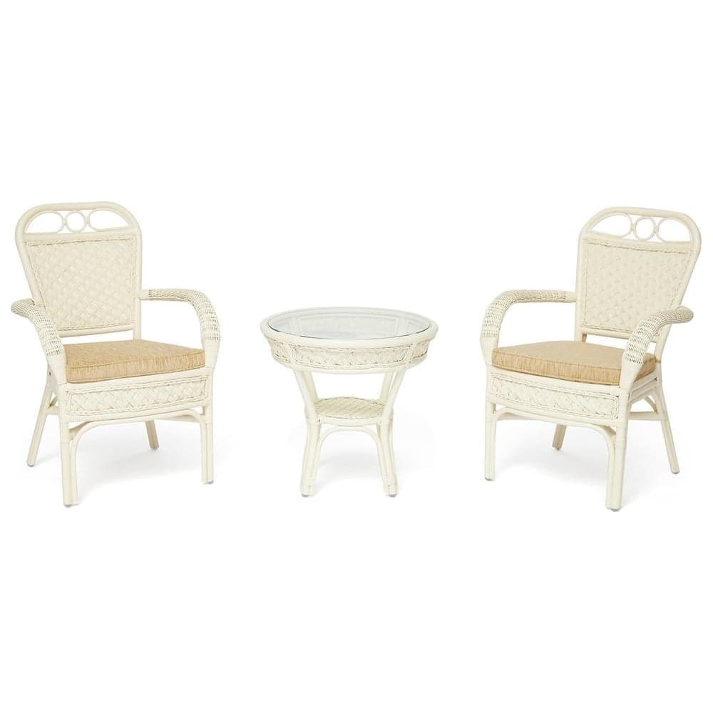 Комплект террасный Tetchair ANDREA (стол кофейный со стеклом + 2 кресла + подушки) ротанг, 64x67x92см / D60x55, TCH White (белый) 13337