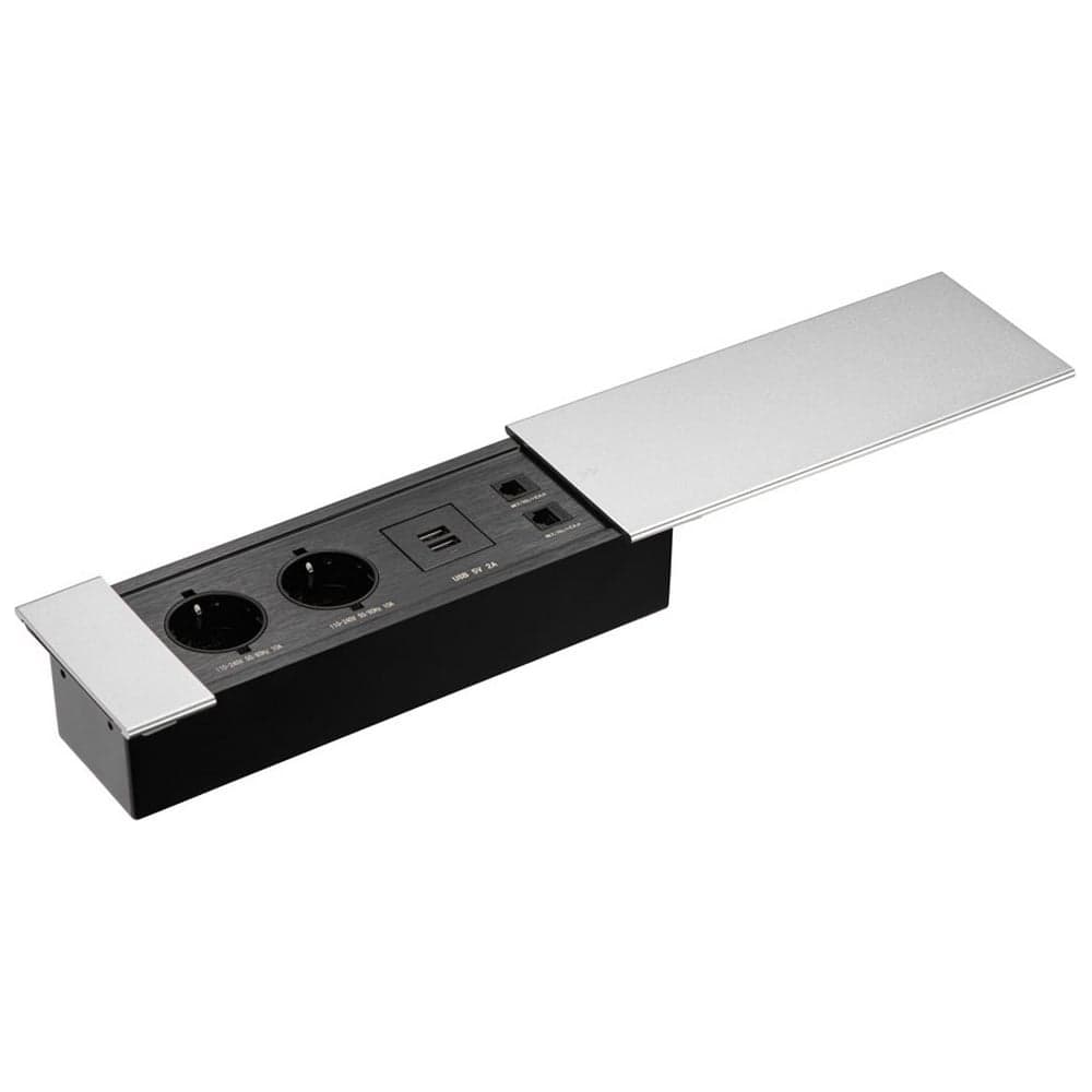 Выдвижная встраиваемая розетка Mebax JX (Slide Top) 2 секции Серебро 280х100х63мм RJ-45 + 2 USB (с каб.пит.) 00-00002890
