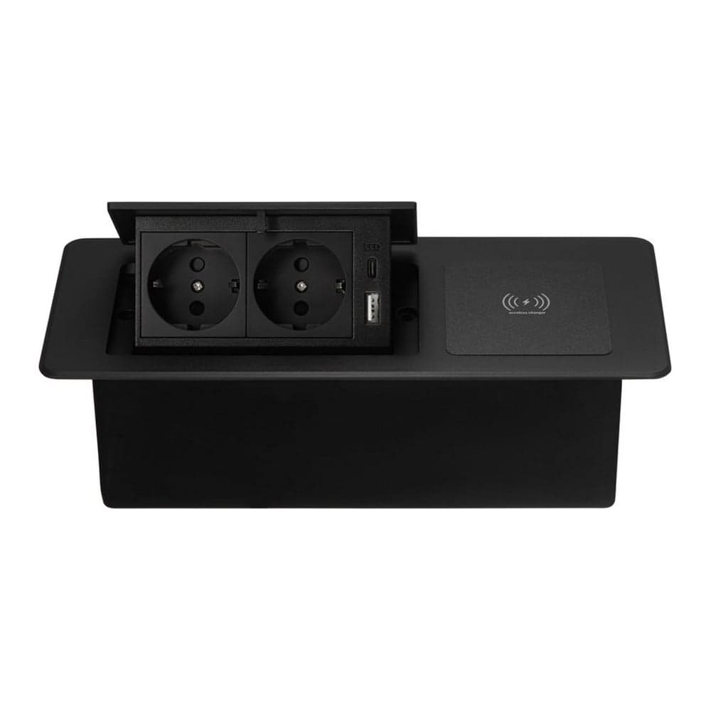Выдвижная встраиваемая розетка Mebax LK-DMS-741 2 секции Чёрный Полуавтоматический 1 USB + 1 type C беспроводная зарядка 00-00002871
