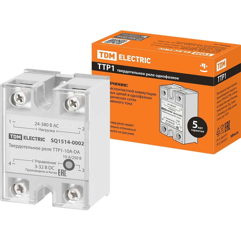 Твердотельное реле TDM ELECTRIC ТТР1-10А-DА, 1ф, 10А, упр: 3-32В DС, нагр: 24-380В АС TDM SQ1514-0002