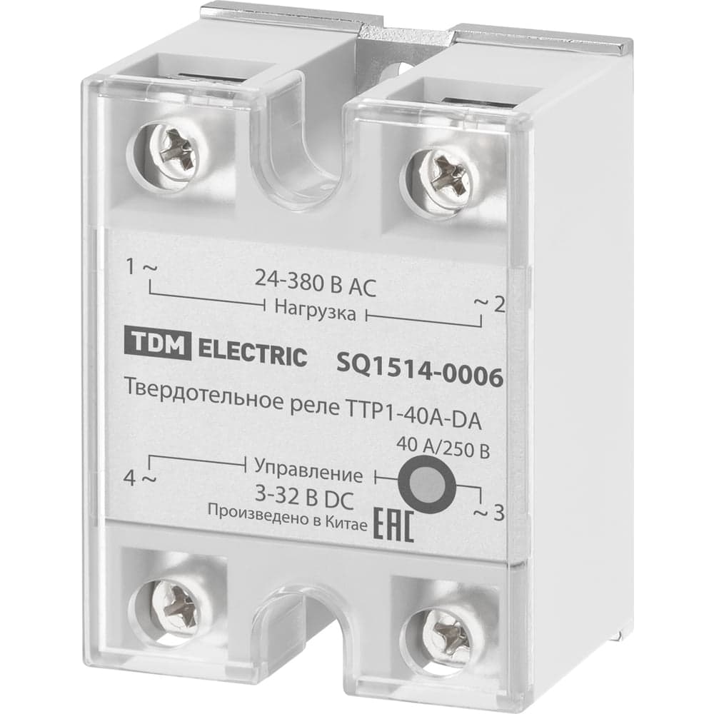 Твердотельное реле TDM ELECTRIC ТТР1-40А-DА, 1ф, 40А, упр: 3-32В DС, нагр: 24-380В АС TDM SQ1514-0006