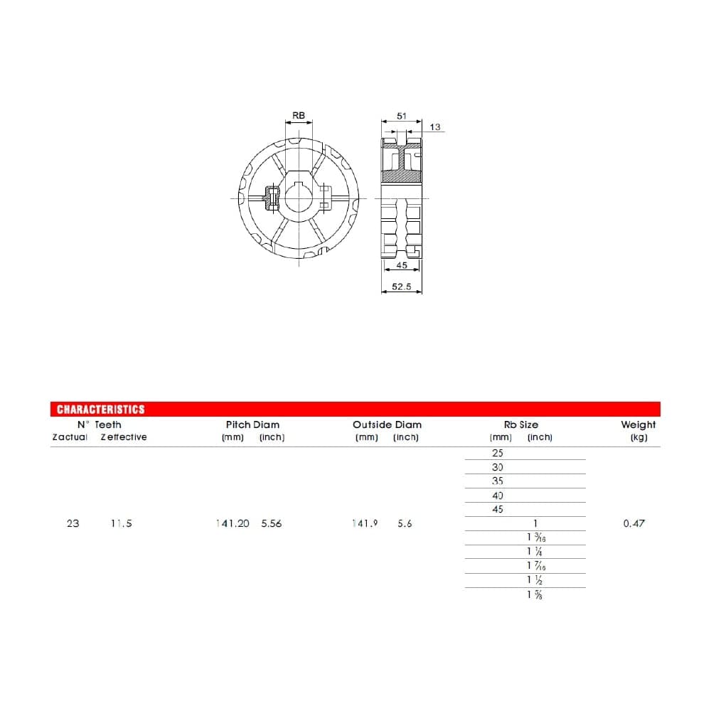Звездочка 23T для модульной цепи HS-820/831 23 зубьев, круг 35 мм, шпон паз 10 мм, приводная литая разборная SPLIT, материал PA (HGB) Hongsbelt 00-00033780